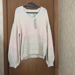 NWT Womens L One Grey Day Beige, Pink Textured Knit Sweater